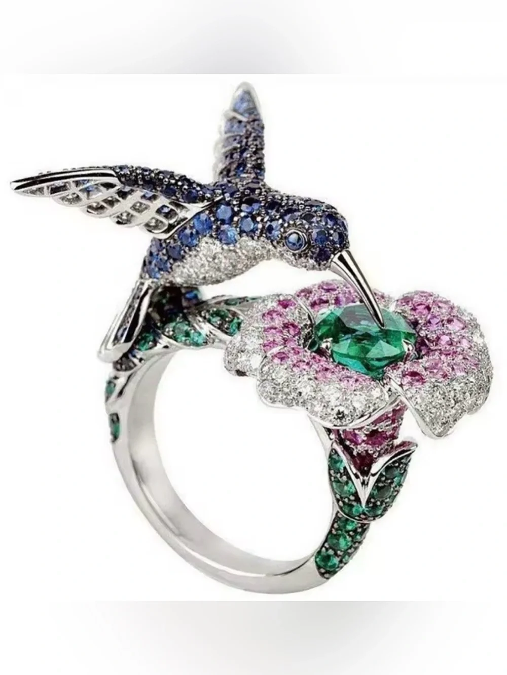 Luxury Hummingbird & Bloom Statement Ring | Crystal Bird Floral Cocktail Ring |